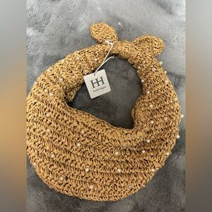 NWT Haute Hippie Straw Pearl-Embellished Woven Shoulder Hobo Bag in Natural Tan